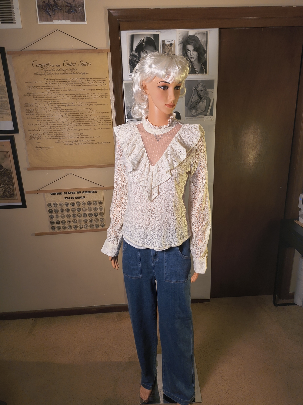 Embossed Womens M Ivory Lace Ruffle Blouse Sheer Yoke Romantic Victorian